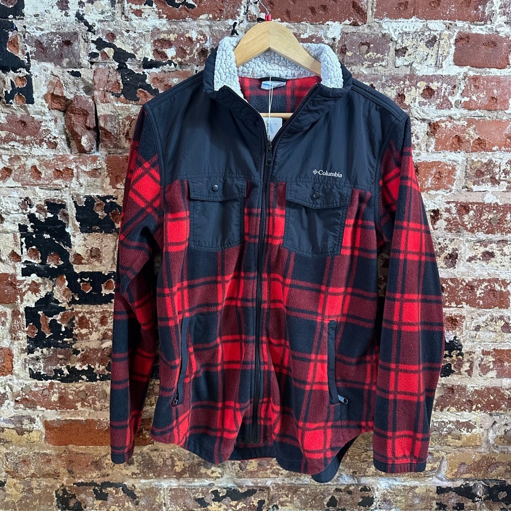 Columbia Benton Springs Fleece Full Zip Jacket Womens Large Red plaid Outdoor
